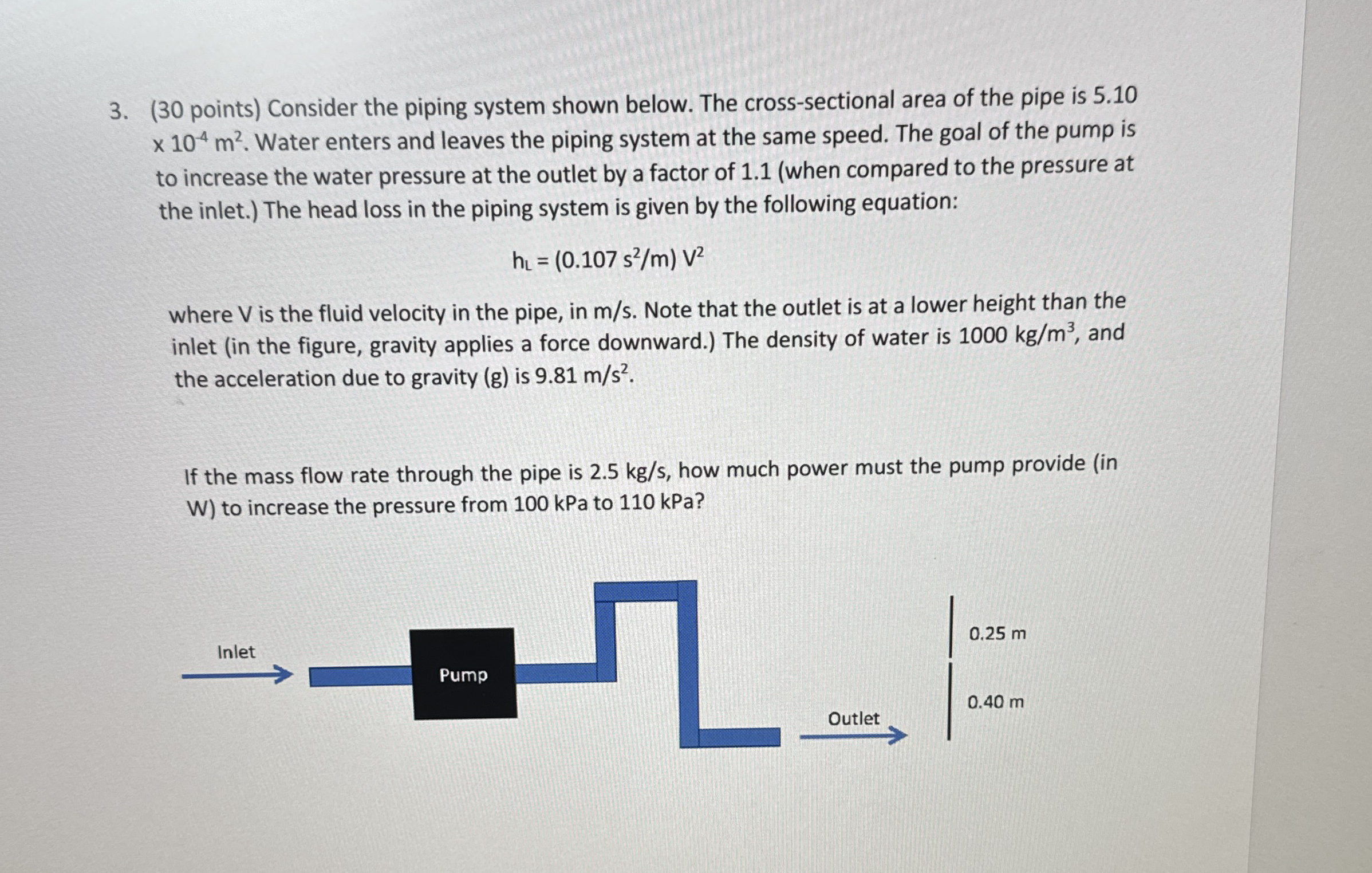 ( 3 0 points ) Consider the piping system shown