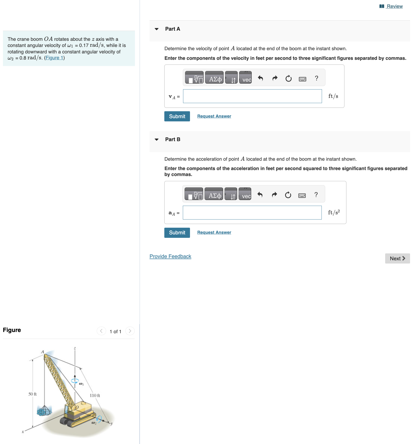The crane boom O A rotates about the z axis with