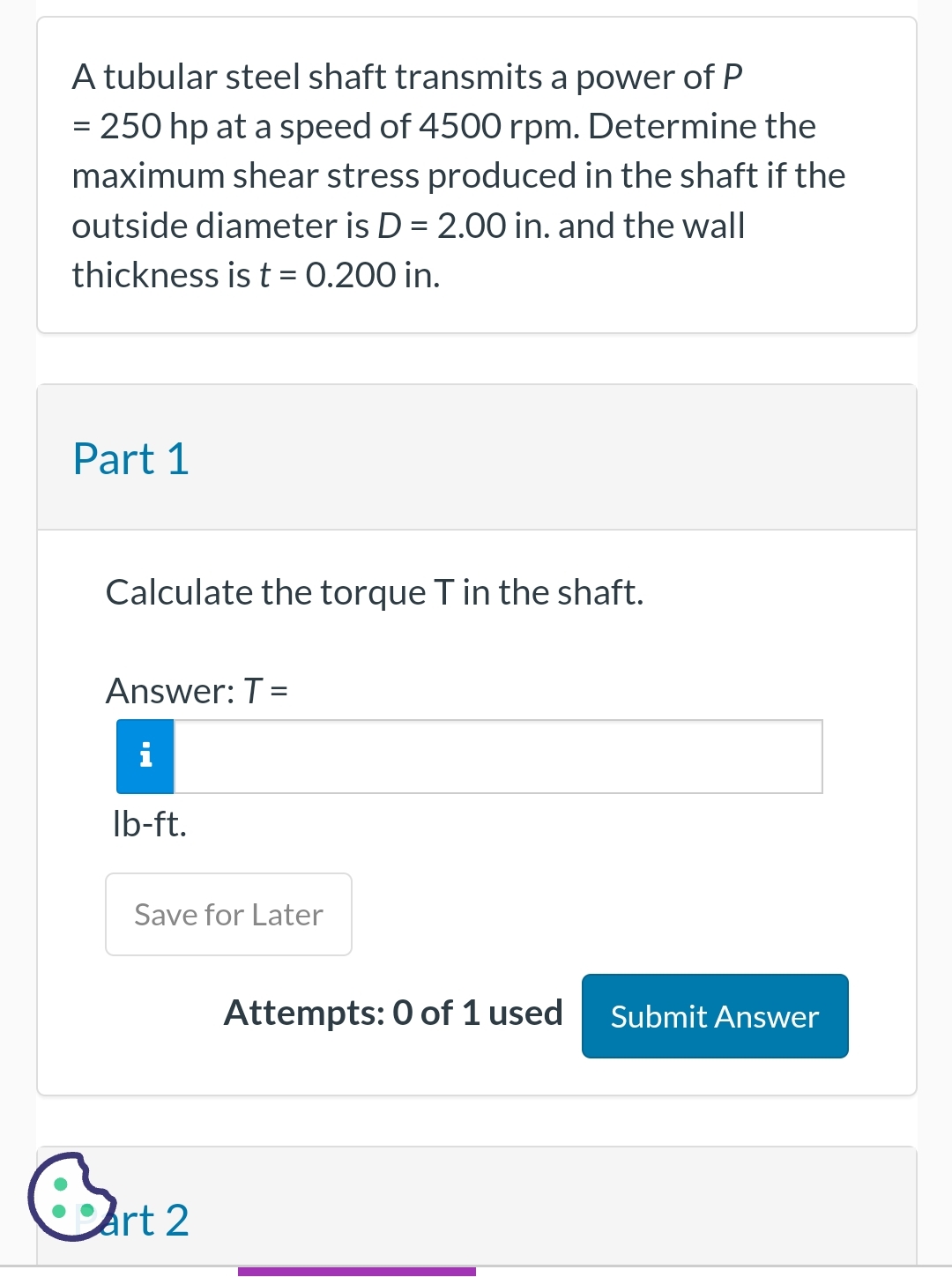 A tubular steel shaft transmits a power of P = 2