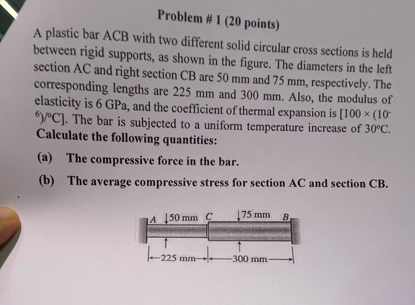 Problem # 1 ( 2 0 points ) A plastic bar ACB with