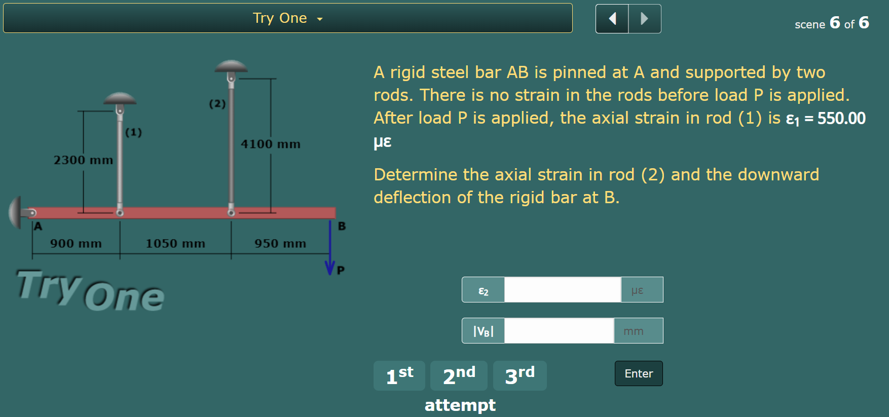 A rigid steel bar A B is pinned at A and