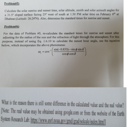 Problem# 5 Calculate the solar surrise and sunset