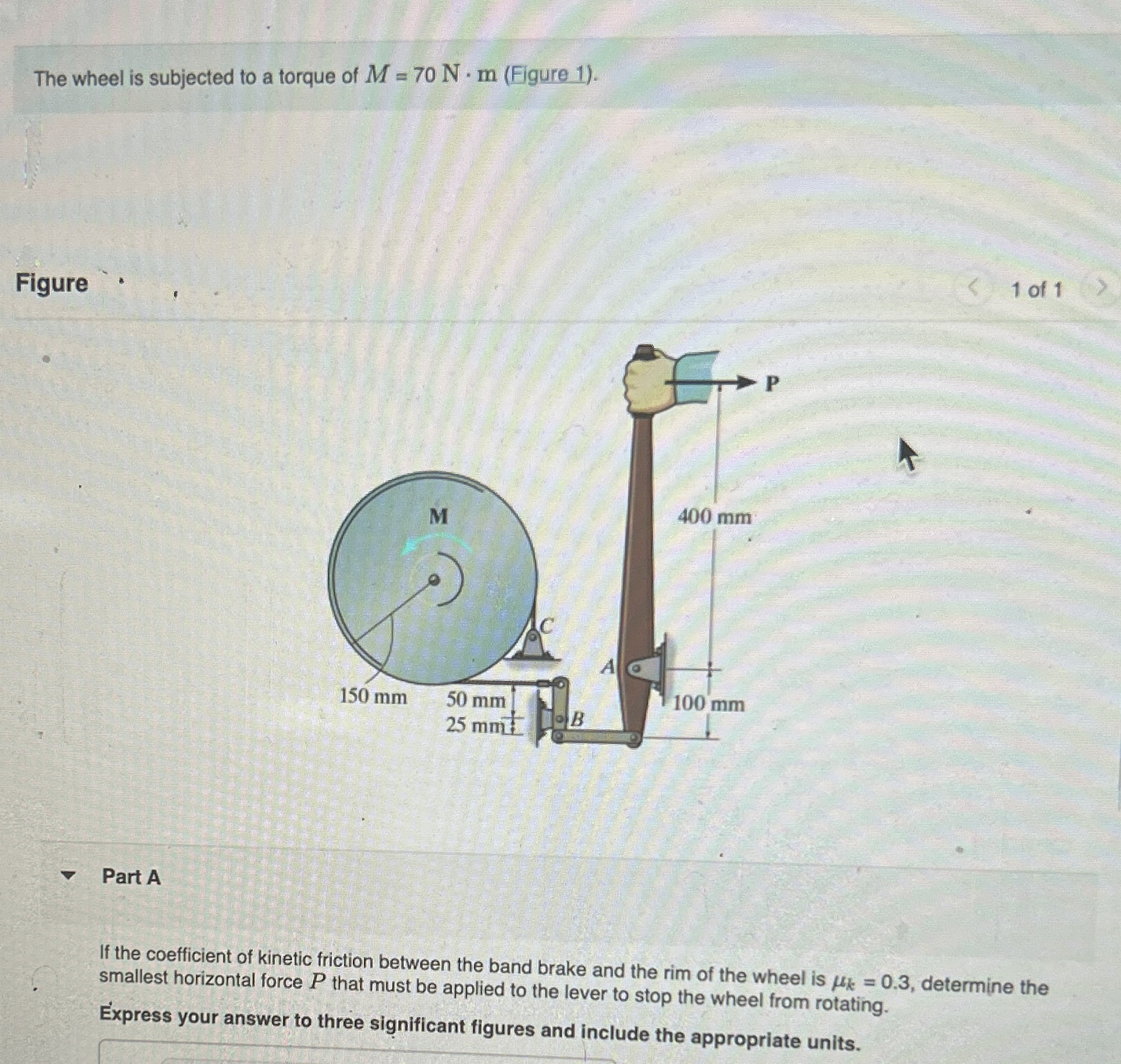 The wheel is subjected to a torque of M = 7 0 N *