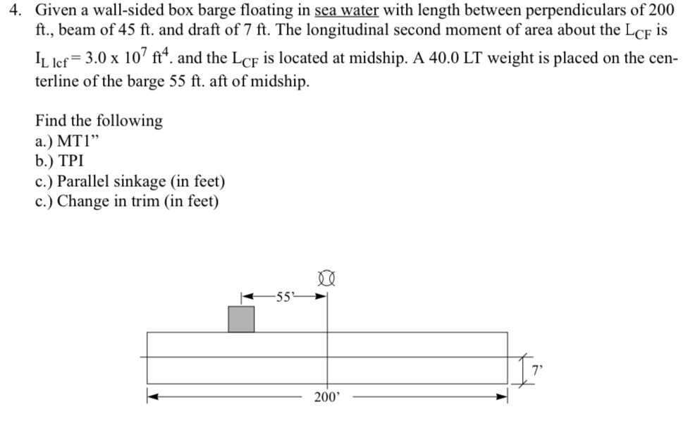 Given a wall - sided box barge floating in sea