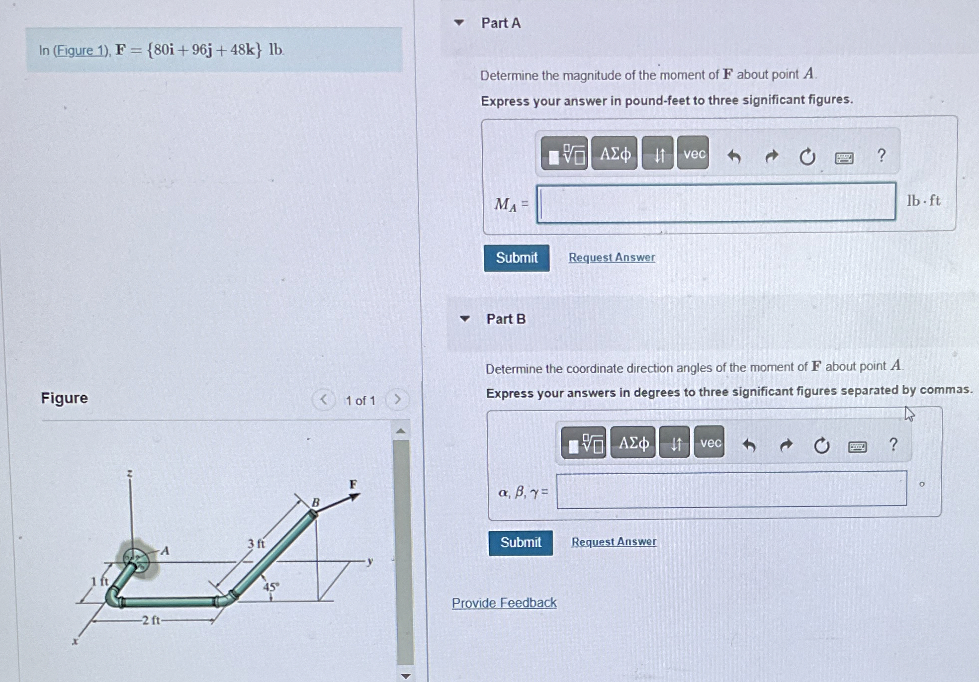 Figure 1 ) , F = { 8 0 i + 9 6 j + 4 8 k } l b .