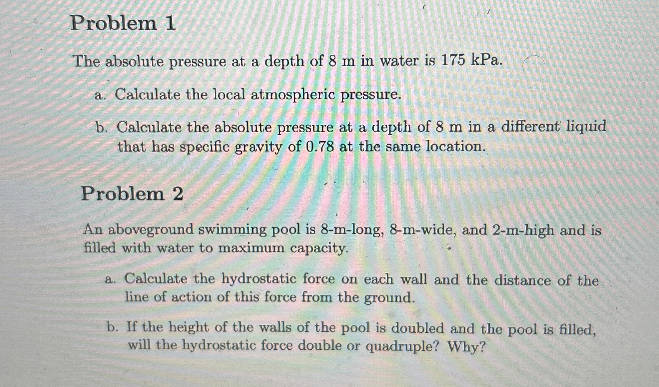 Problem 1 The absolute pressure at a depth of 8 m