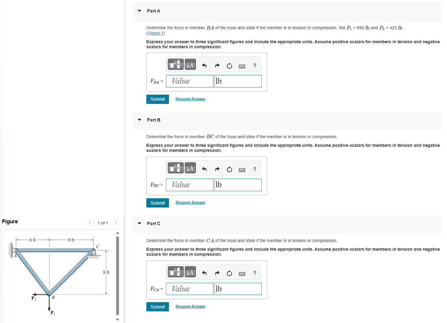 Part A Determine the force in member \ ( B A \ )