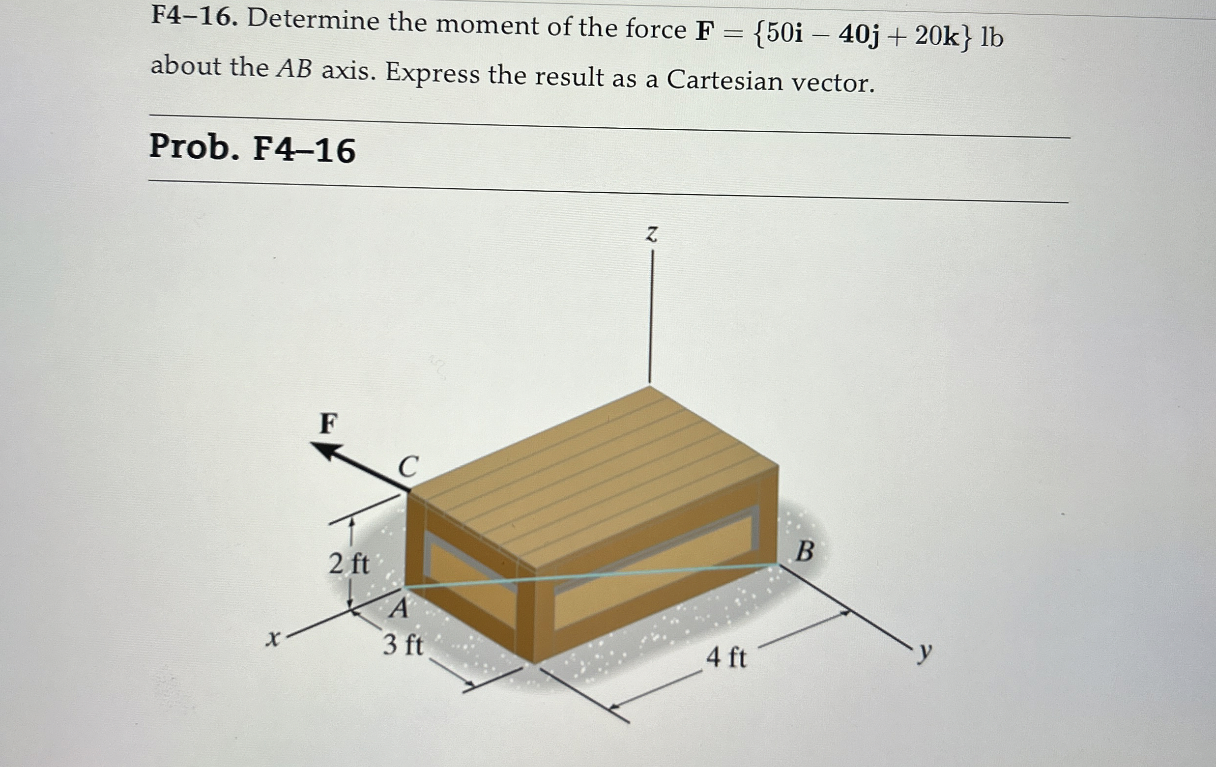 F 4 - 1 6 . Determine the moment of the force F =