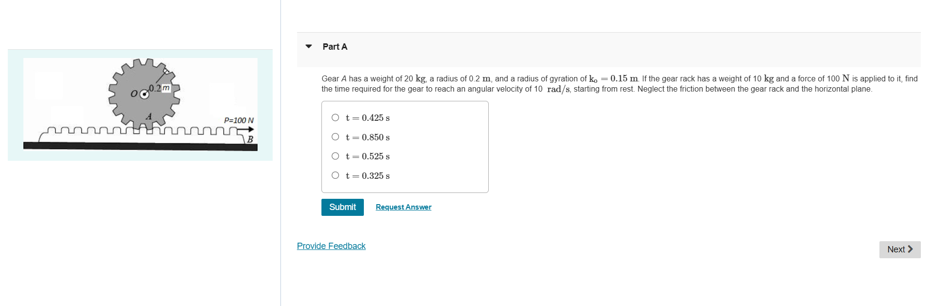 Part A Gear A has a weight of 2 0 kg , a radius