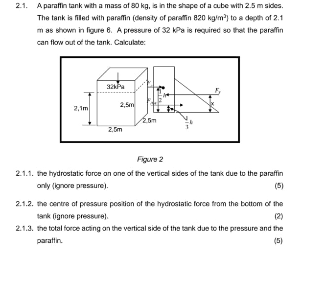 How to solve 2 . 1 . A paraffin tank with a mass