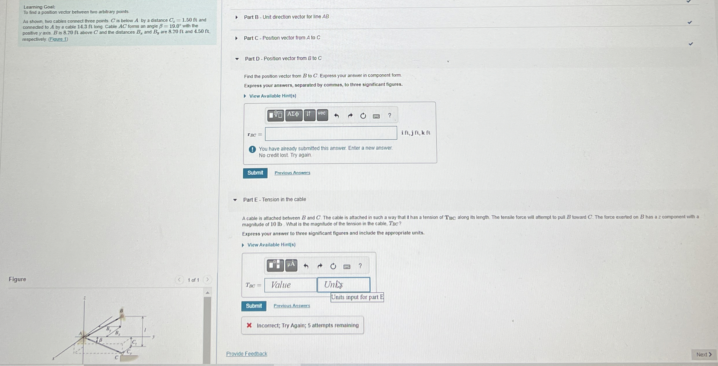 As shown, two cables connect three points. C is
