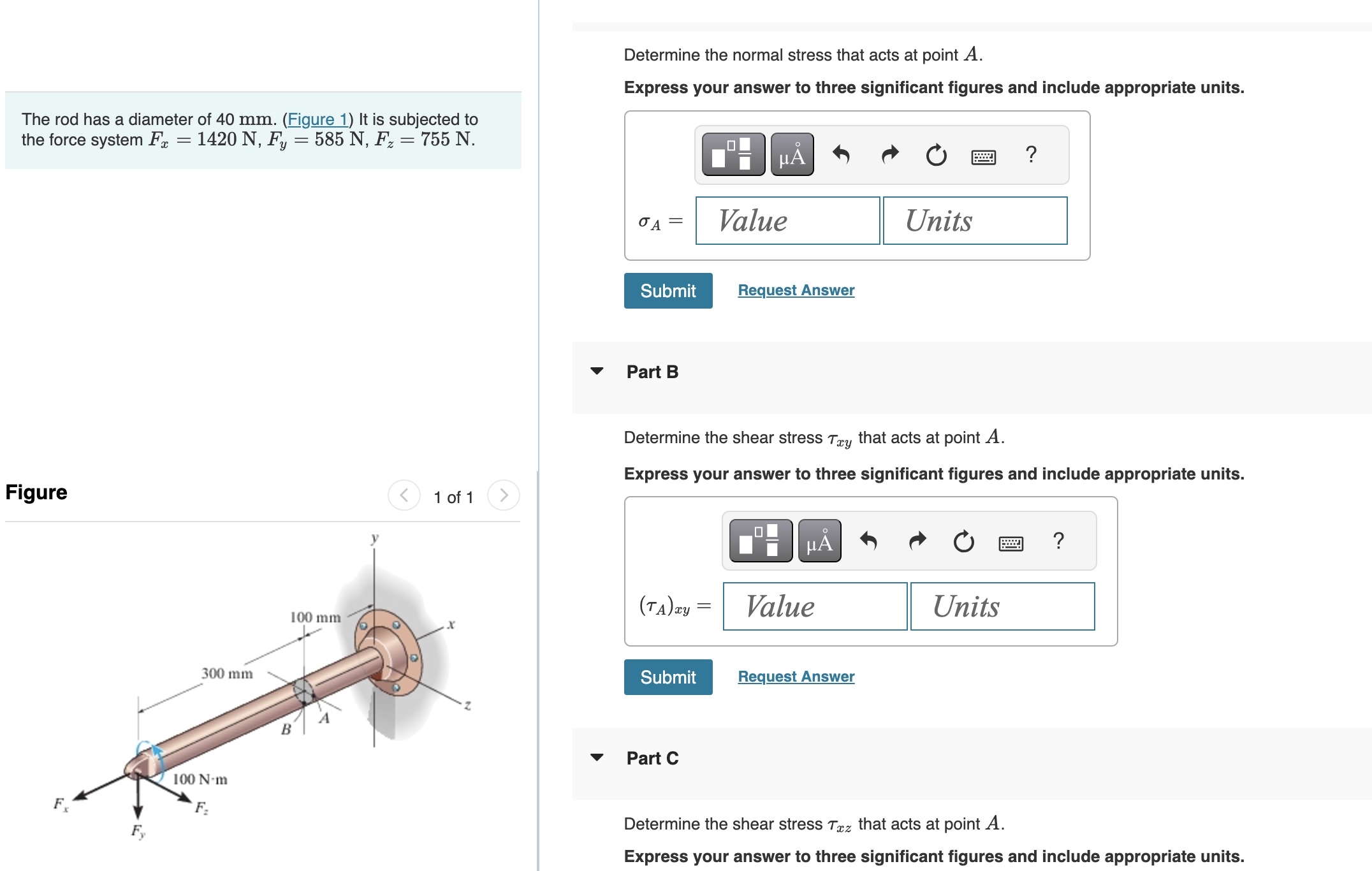 Determine the normal stress that acts at point A