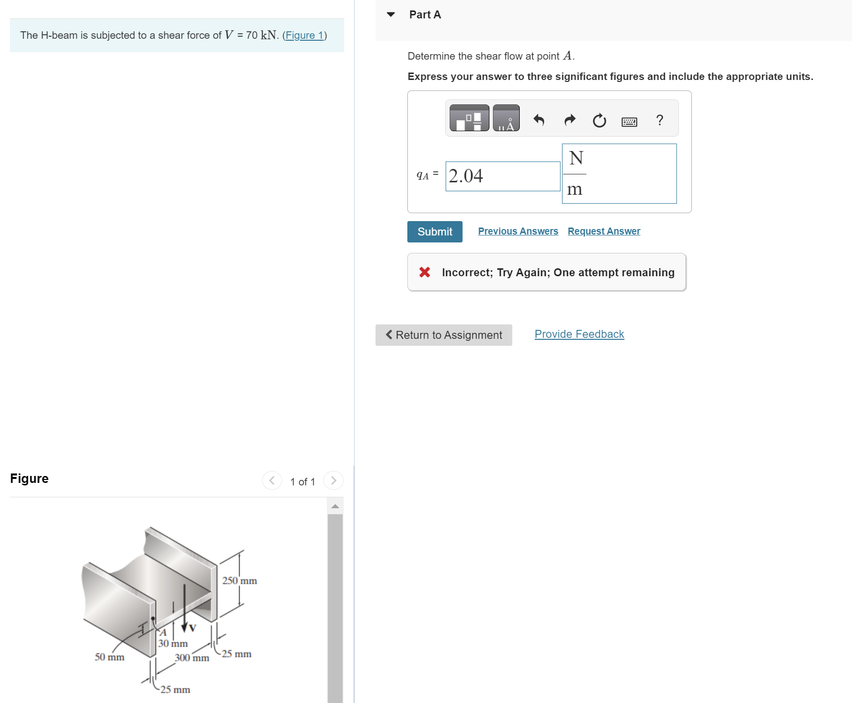 The H - beam is subjected to a shear force of \ (