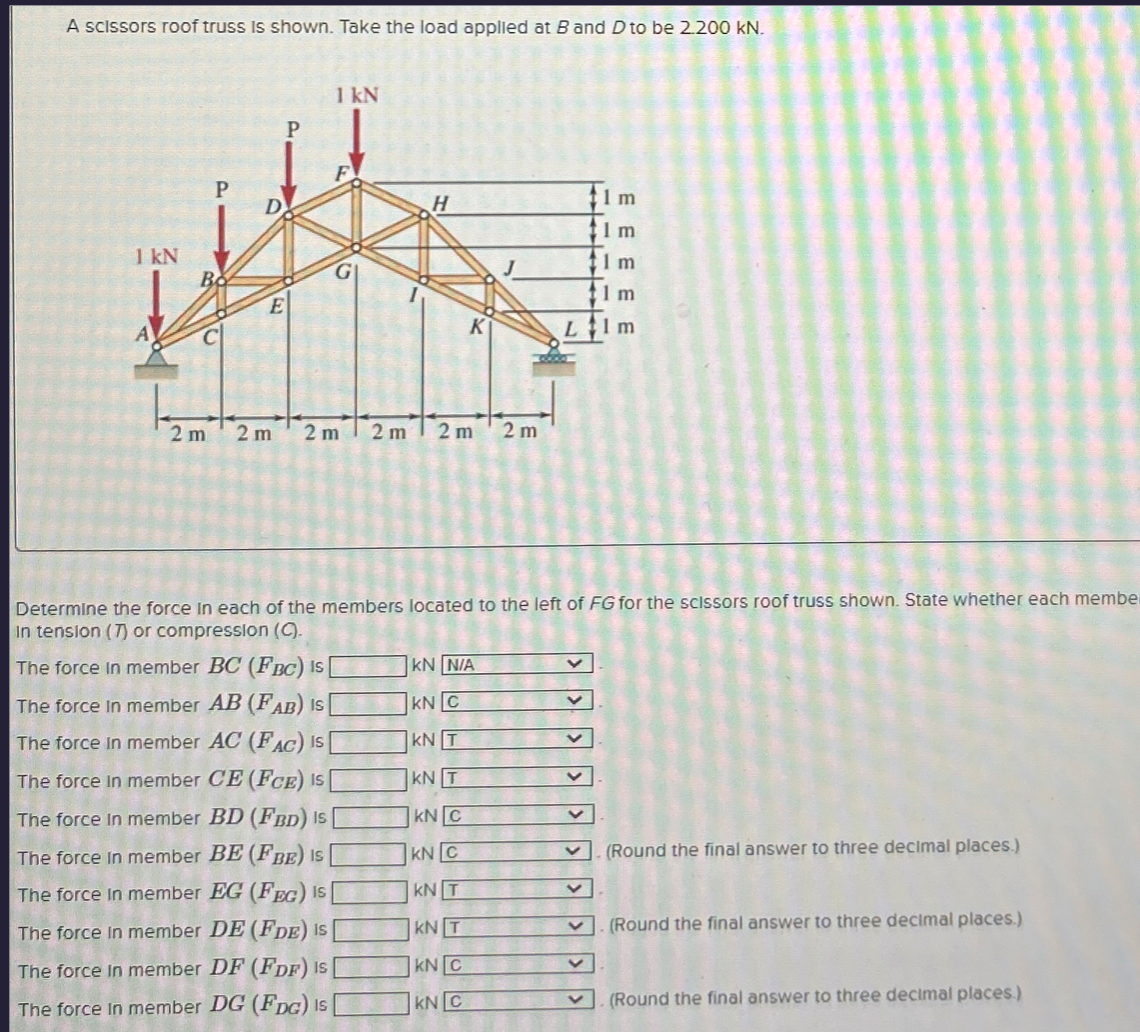 A scissors roof truss is shown. Take the load
