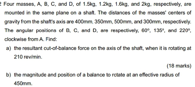 Four masses, A , B , C , and D , of 1 . 5 k g , 1