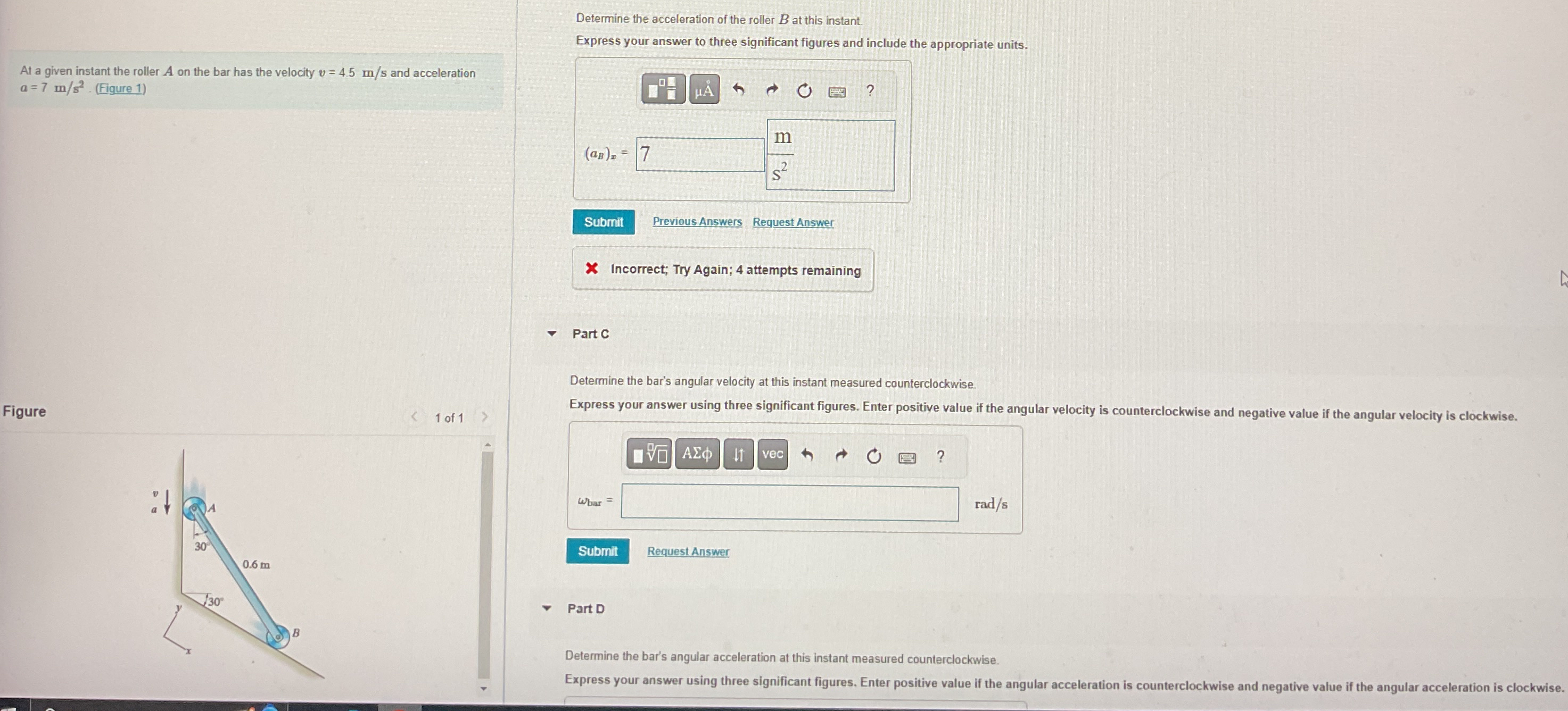 Determine the acceleration of the roller B at