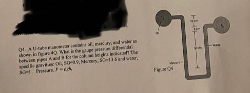 the cont her. Q 4 . A U - tube manometer contains