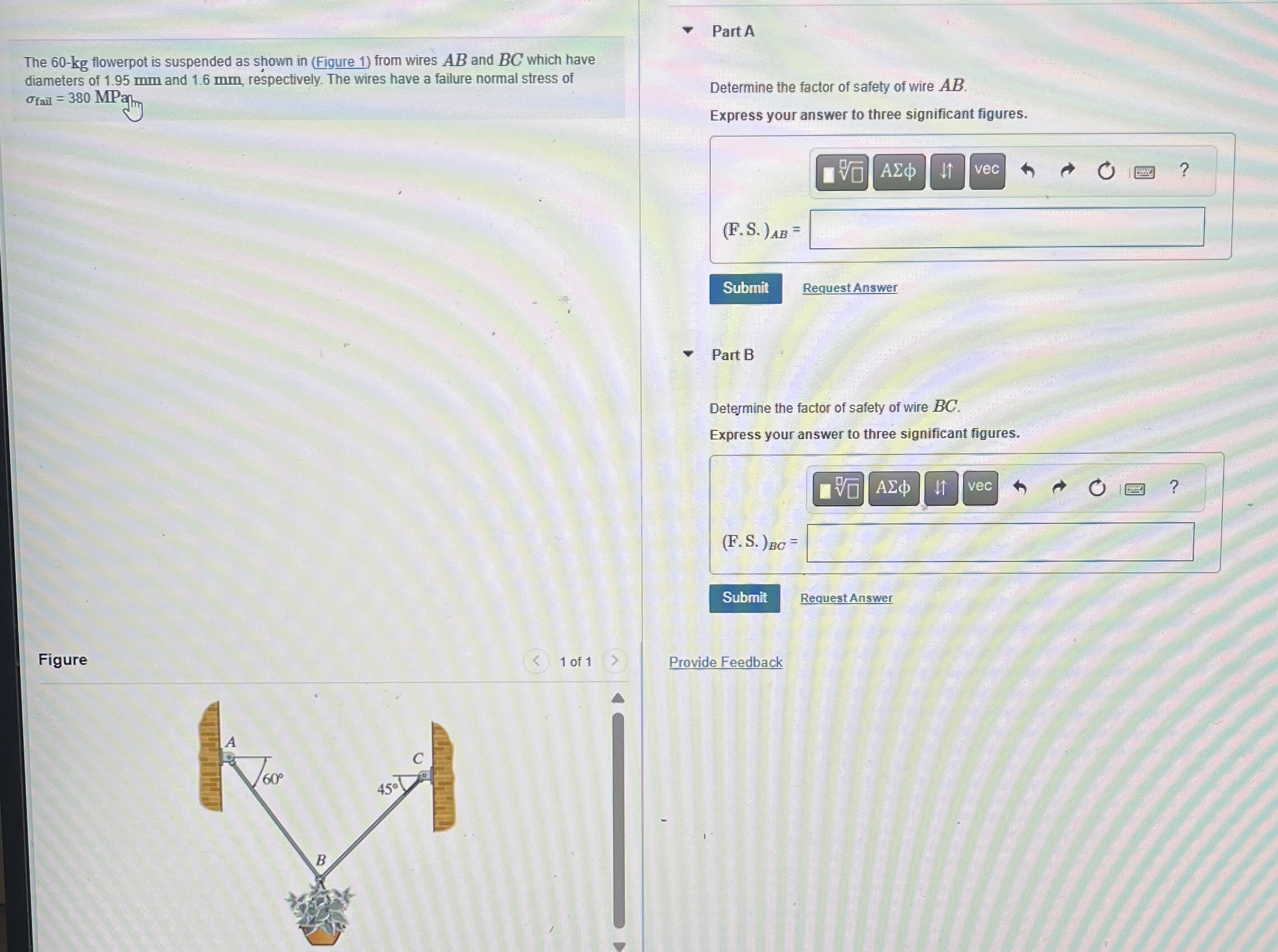 The 6 0 - k g flowerpot is suspended as shown in