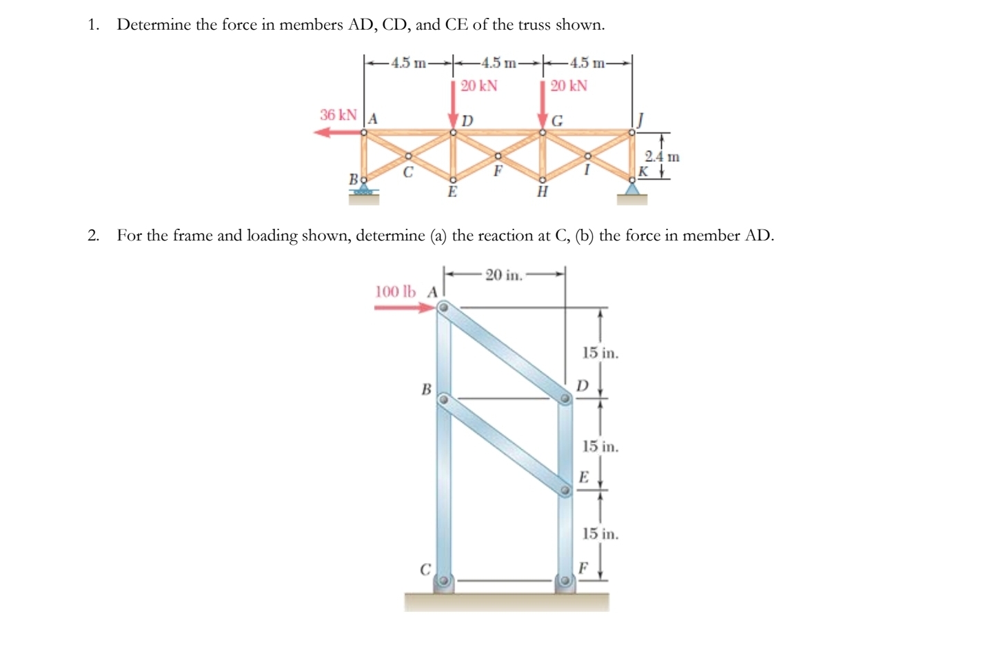 Determine the force in members A D , C D , and CE