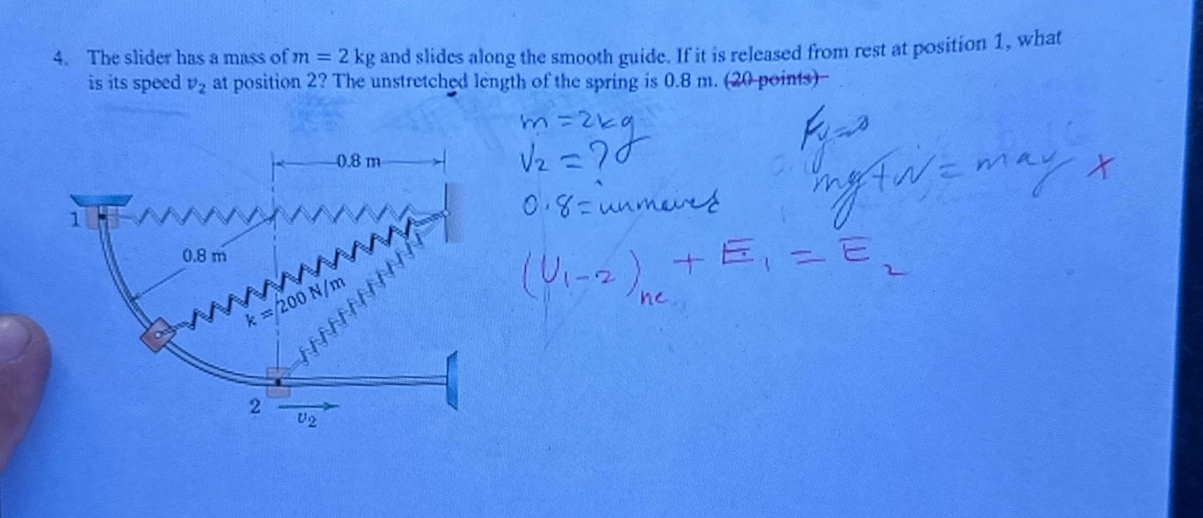 The slider has a mass of m = 2 k g and slides