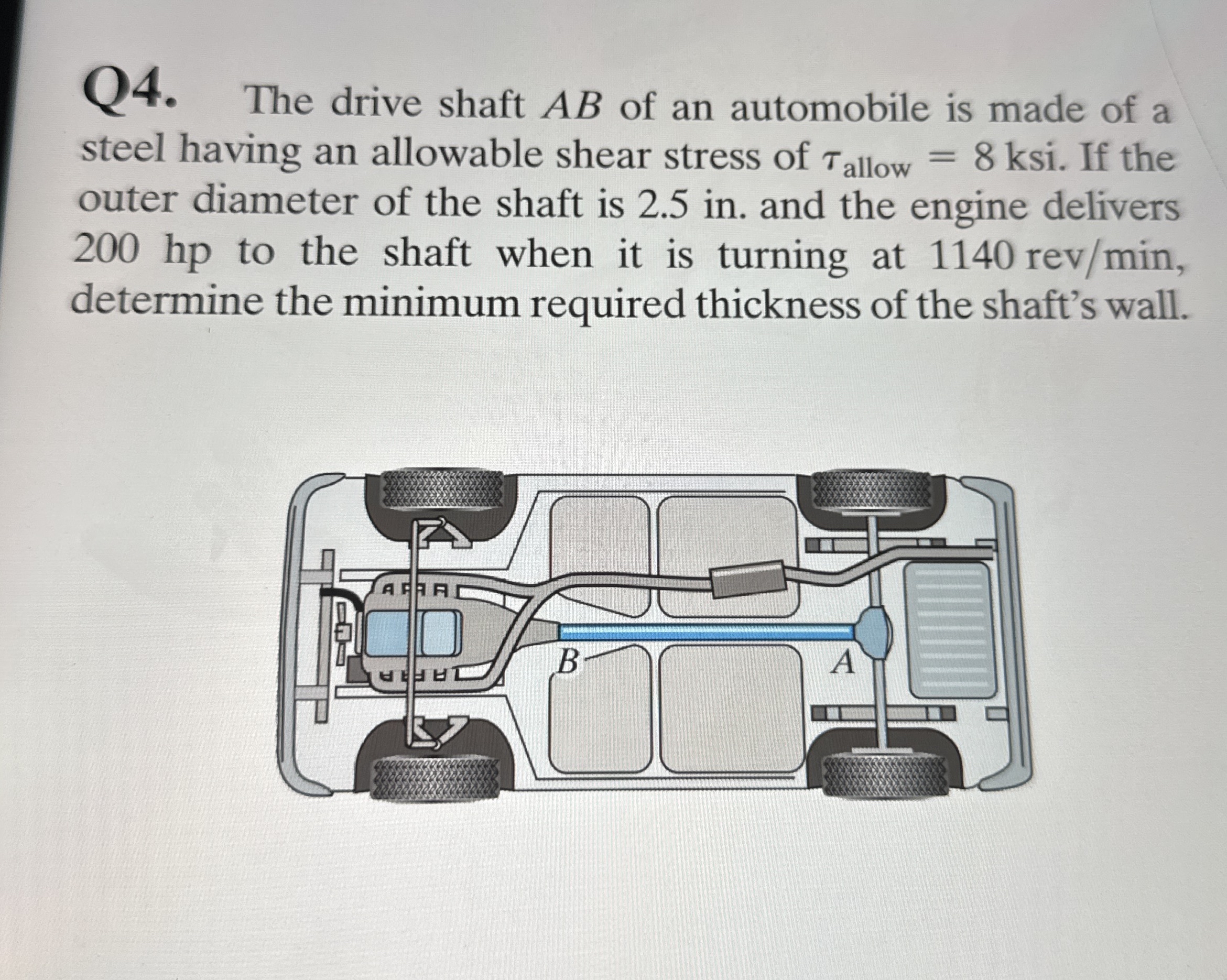 Q 4 . The drive shaft A B of an automobile is