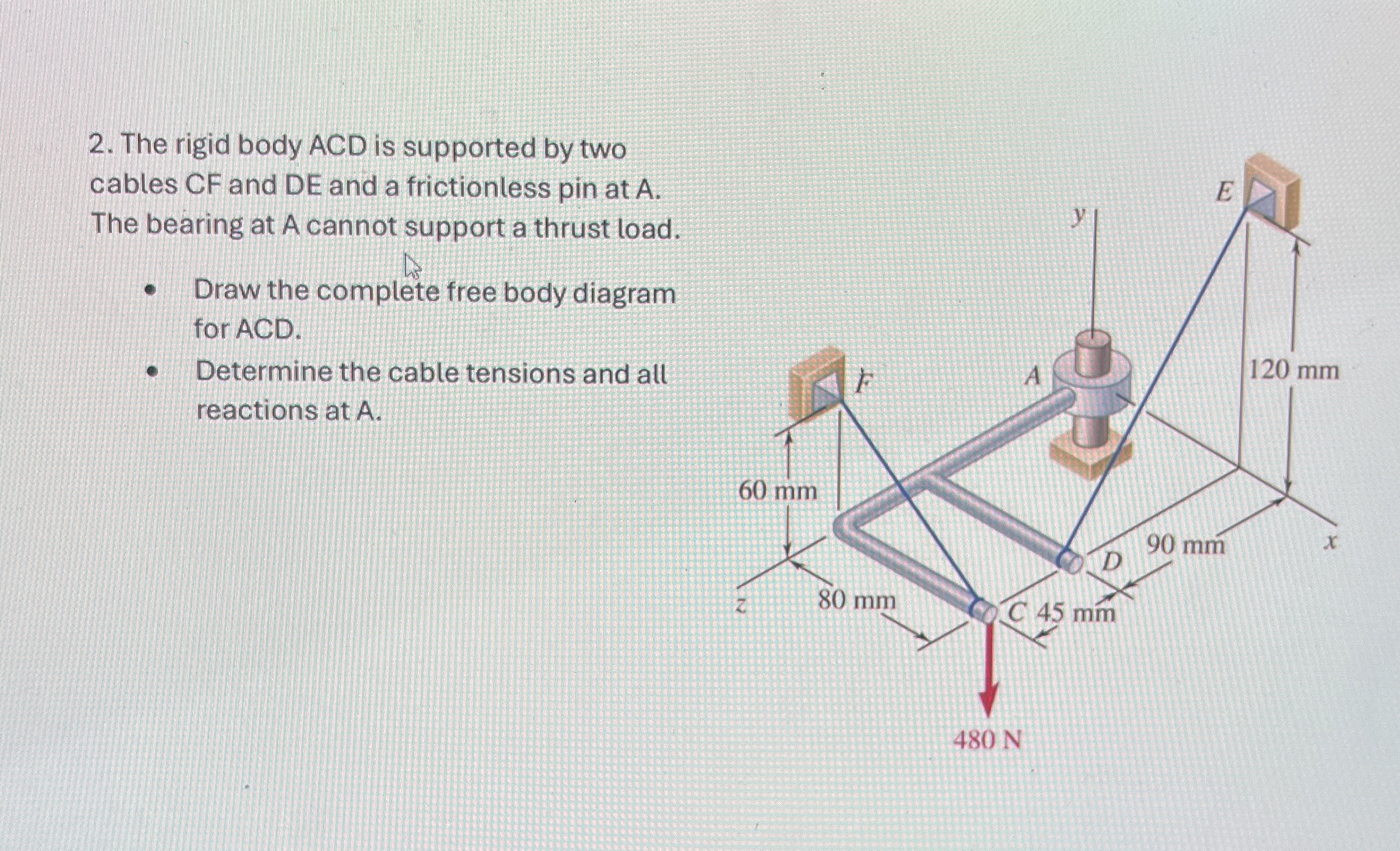 The rigid body ACD is supported by two cables CF