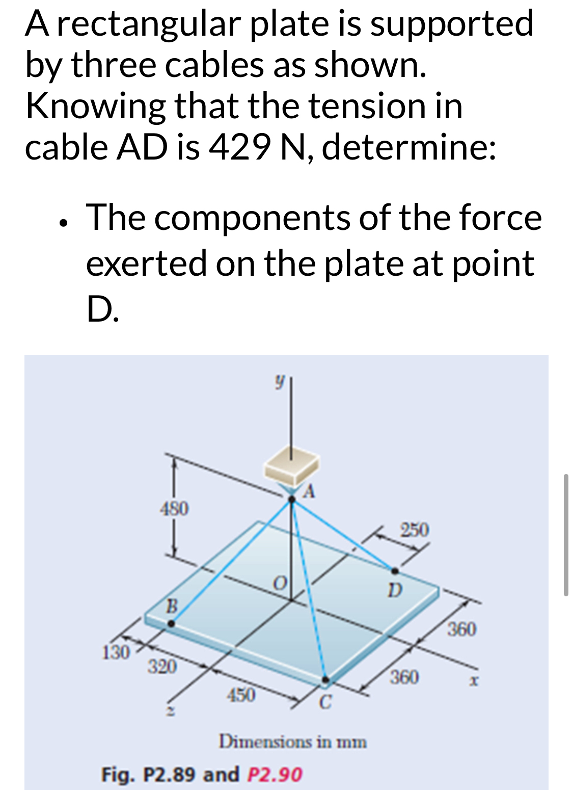 A rectangular plate is supported by three cables
