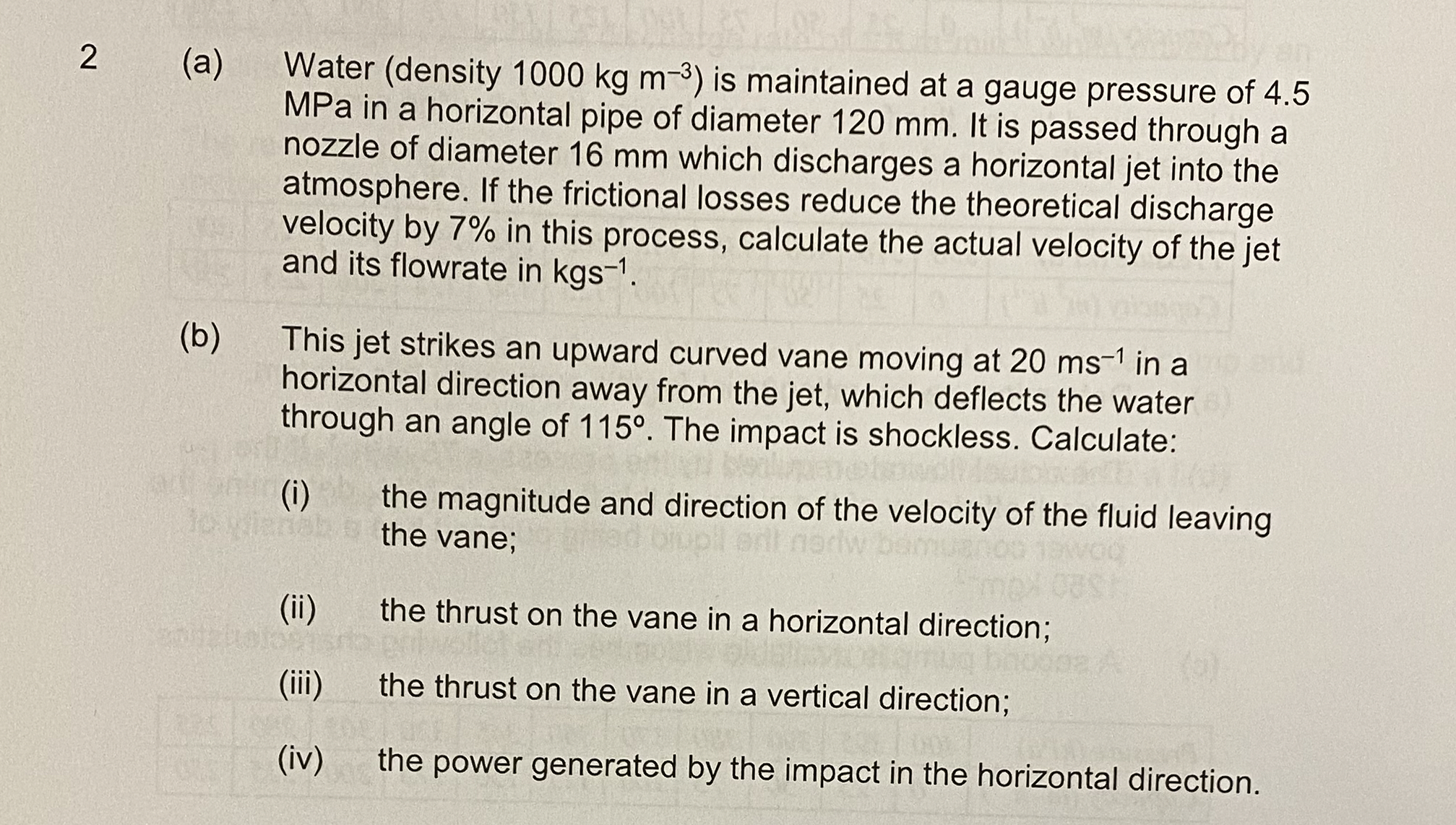 2 ( a ) Water ( density 1 0 0 0 k g m - 3 ) is
