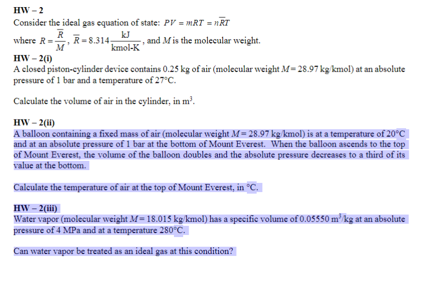 HW - 2 Consider the ideal gas equation of state: