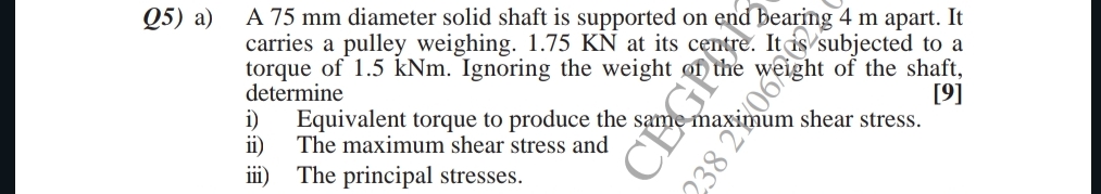 A 7 5 mm diameter solid shaft is supported on end