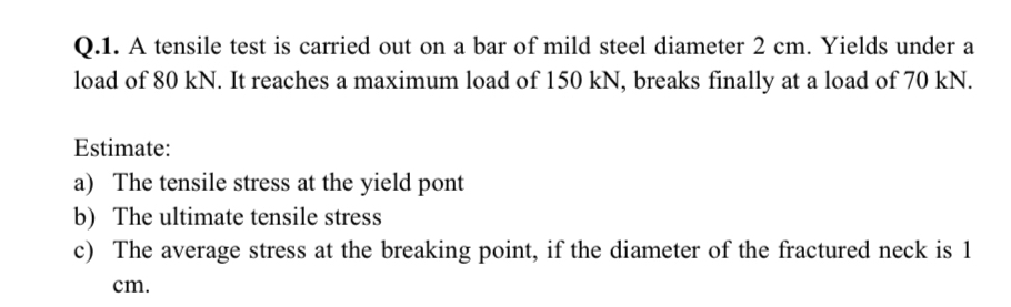 Q . 1 . A tensile test is carried out on a bar of