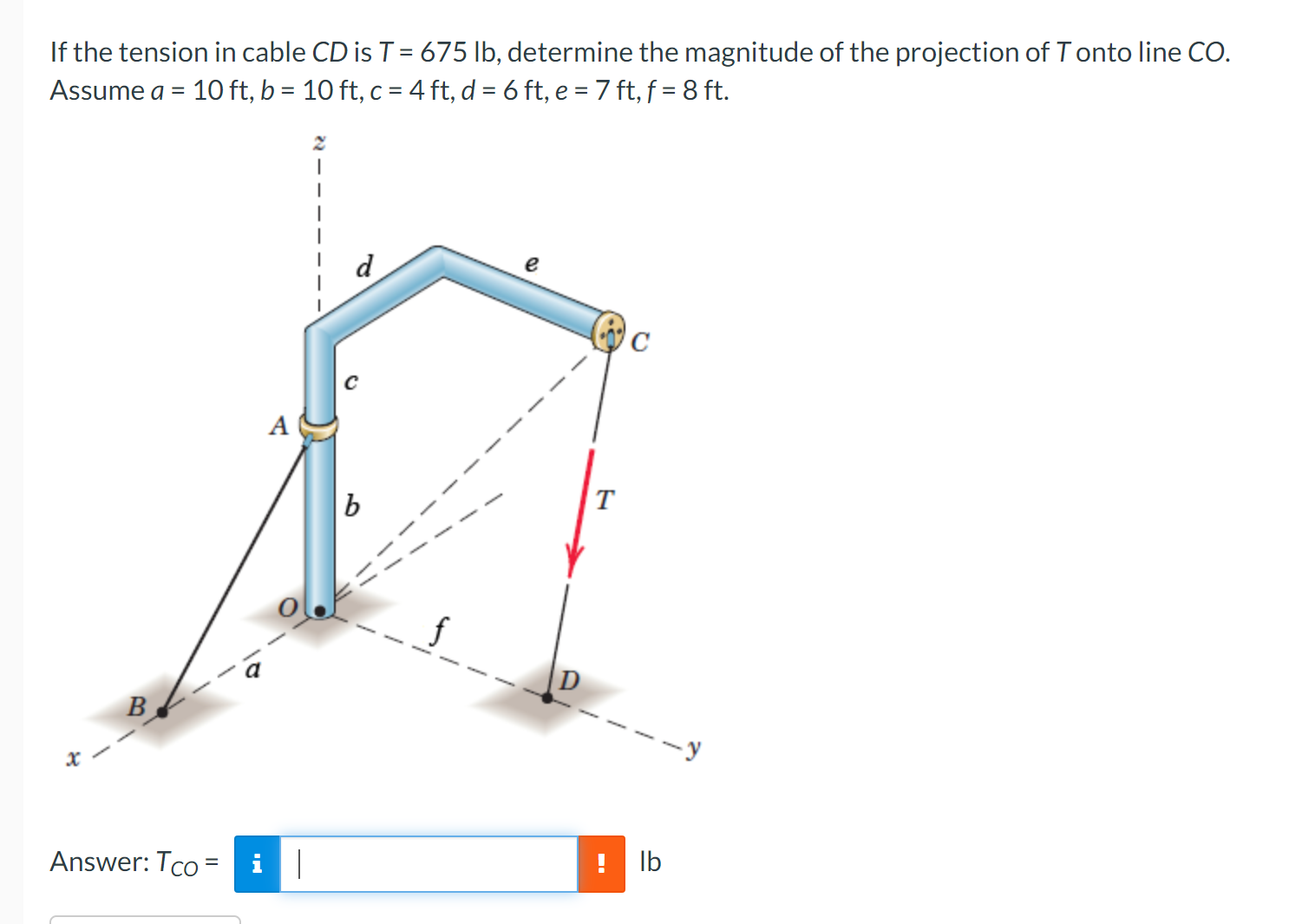 If the tension in cable C D is T = 6 7 5 l b ,