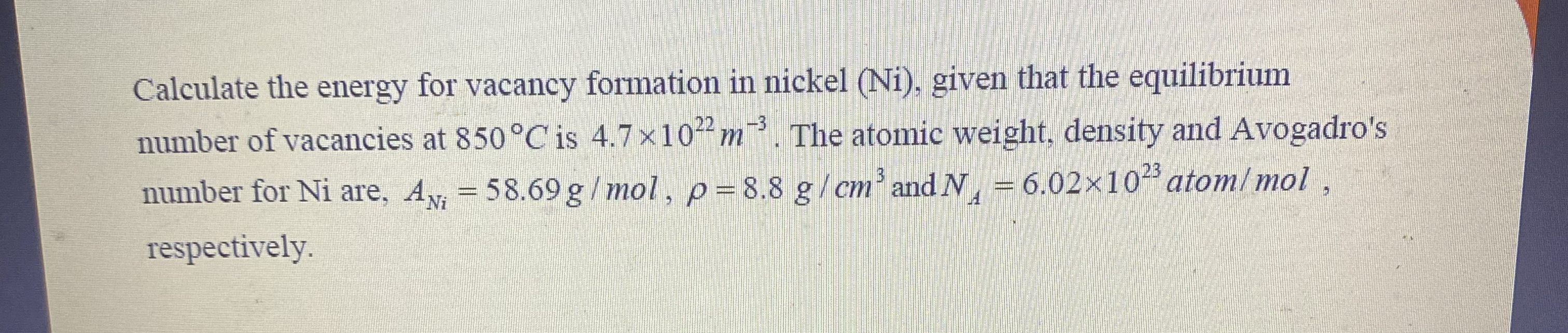 Calculate the energy for vacancy formation in