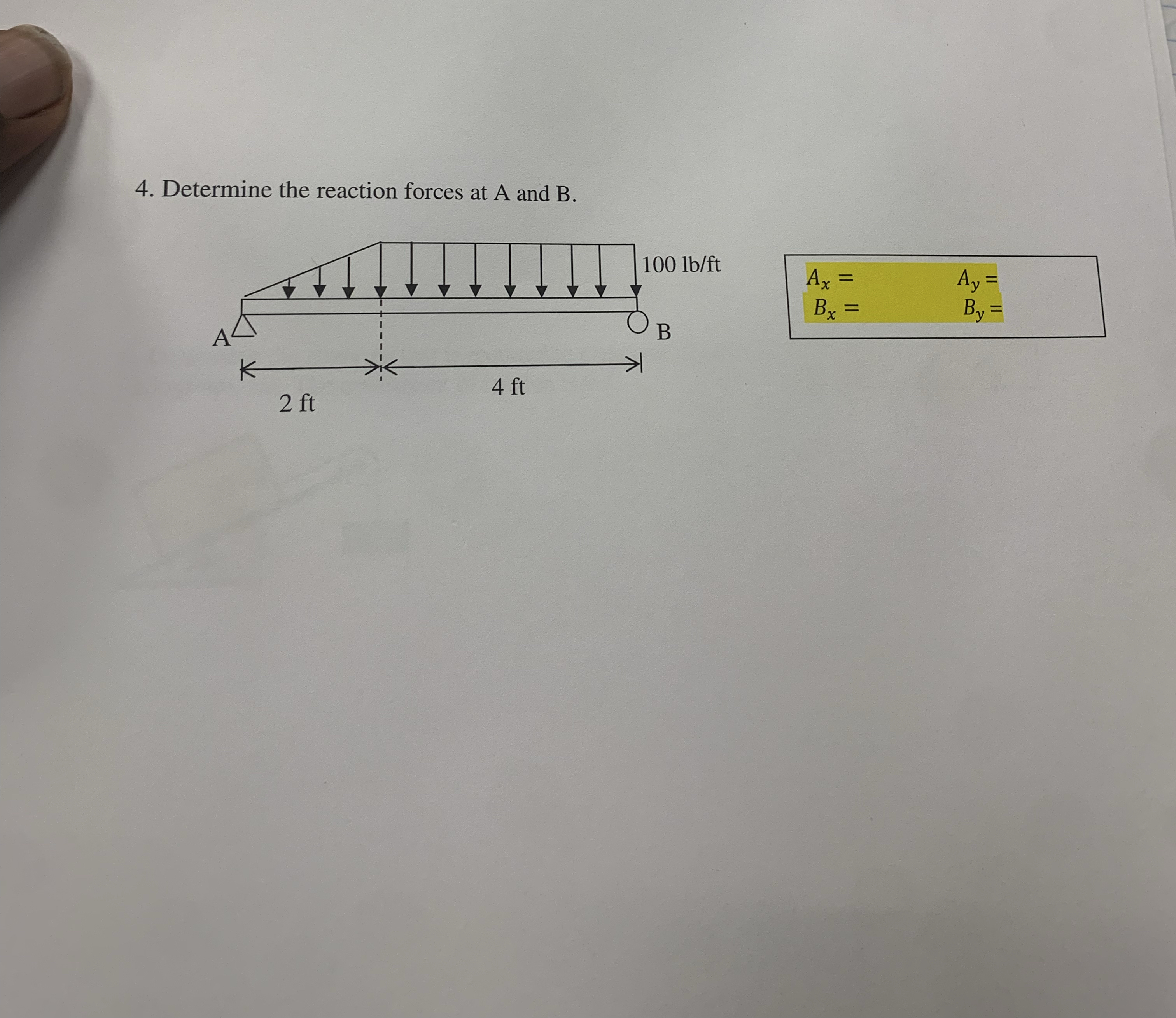 Determine the reaction forces at A and B . A x =