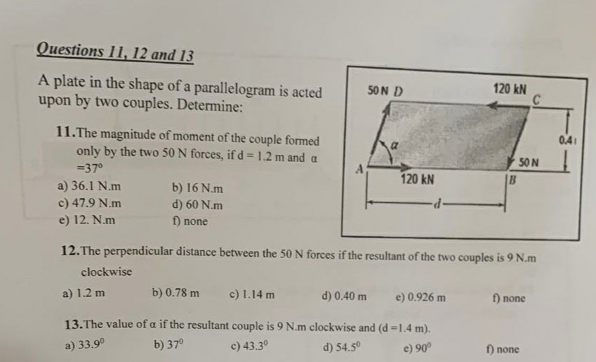 Ouestions 1 1 , 1 2 and 1 3 A plate in the shape