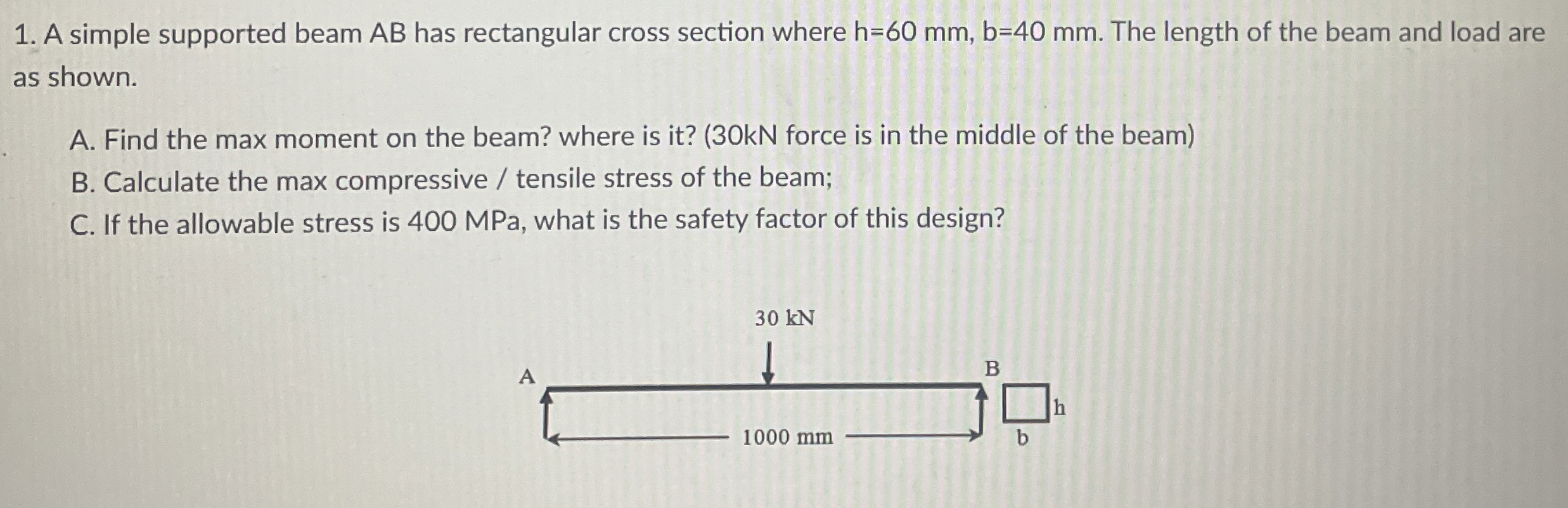 A simple supported beam A B has rectangular cross
