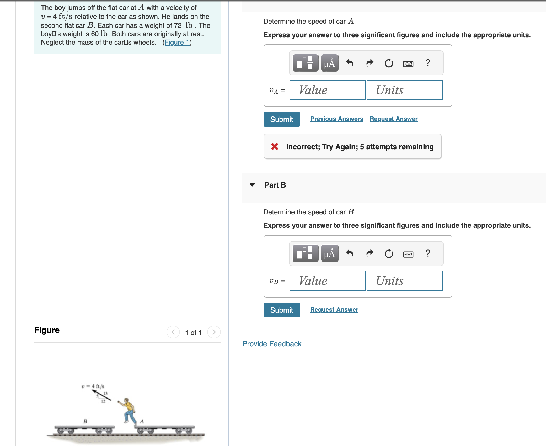 The boy jumps off the flat car at \ ( A \ ) with