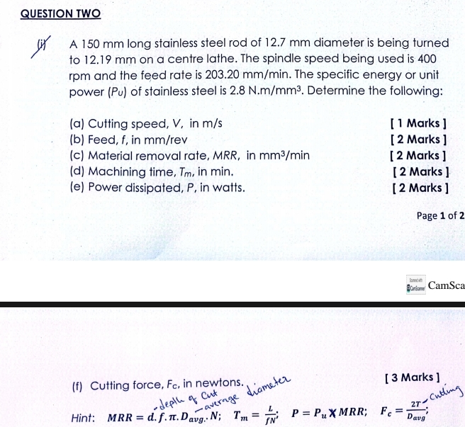 QUESTION TWO ( i ) A 1 5 0 mm long stainless