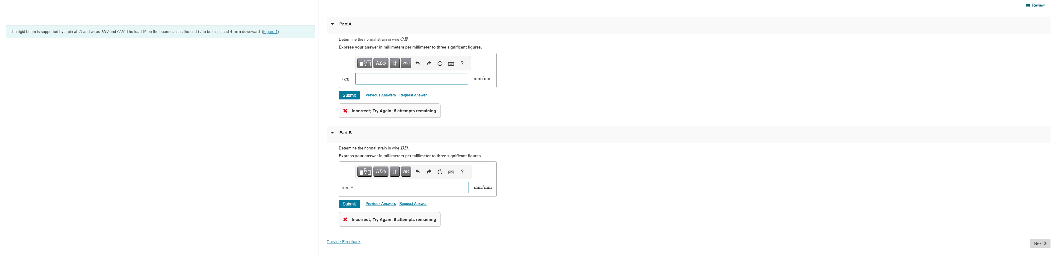 Part A Determine the normal strain in wire C E .