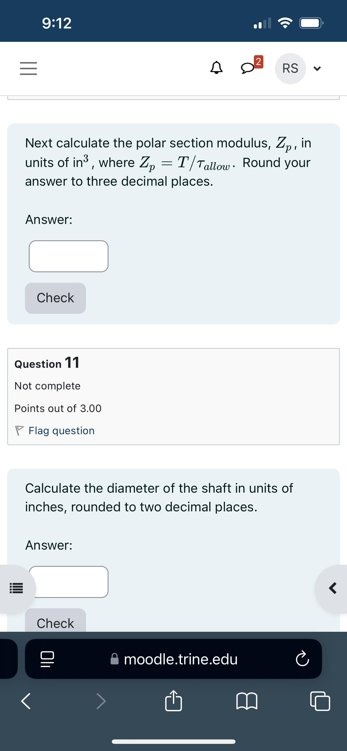 9 : 1 2 Next calculate the polar section modulus,
