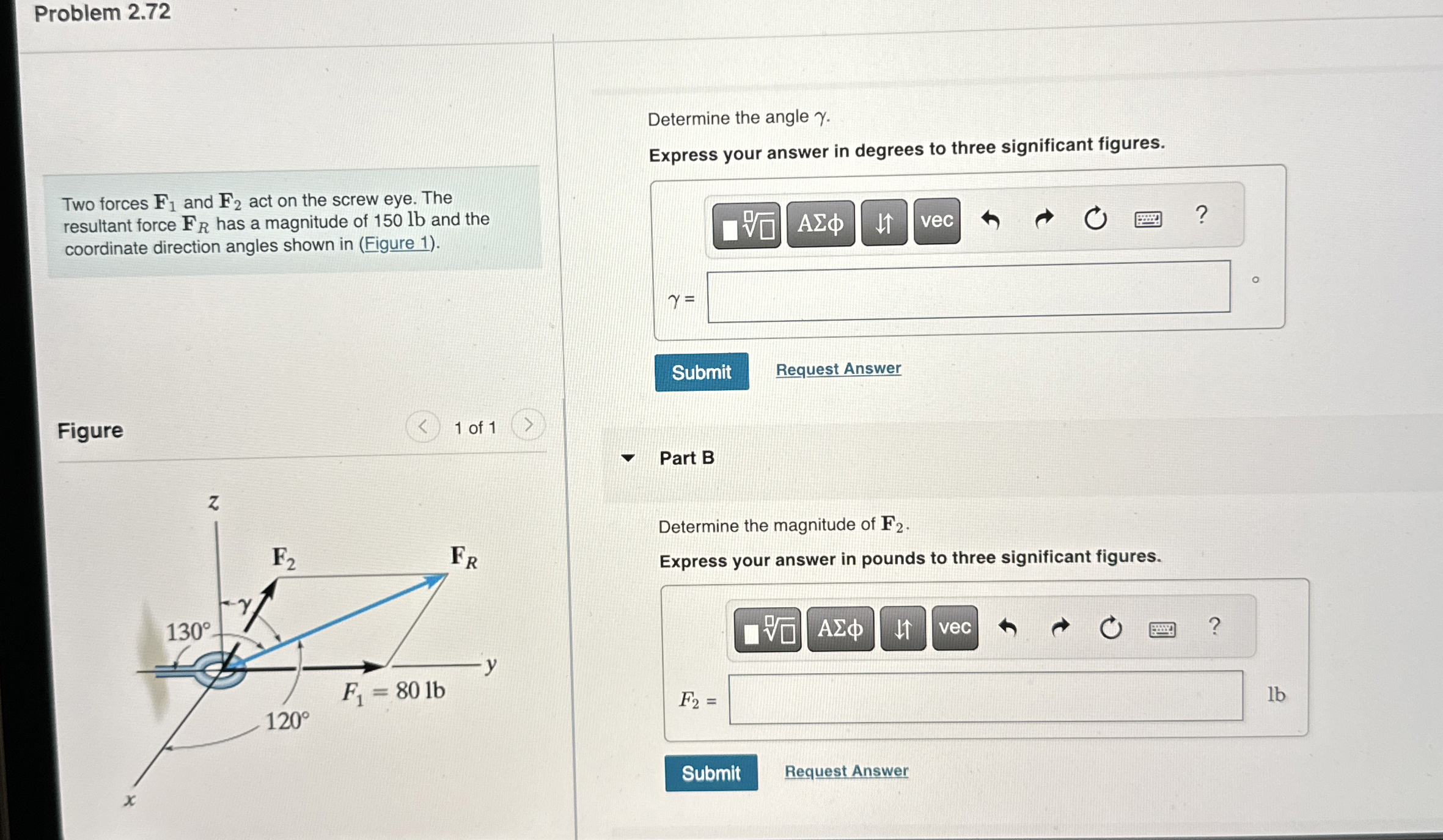 Problem 2 . 7 2 Two forces F 1 and F 2 act on the