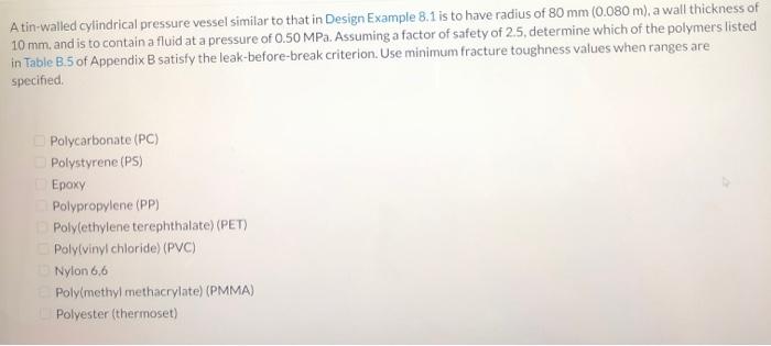 Material Specification for a Pressurized
