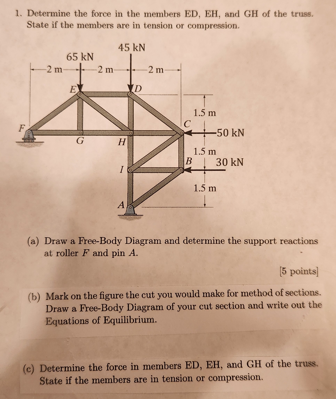 Determine the force in the members ED , EH , and