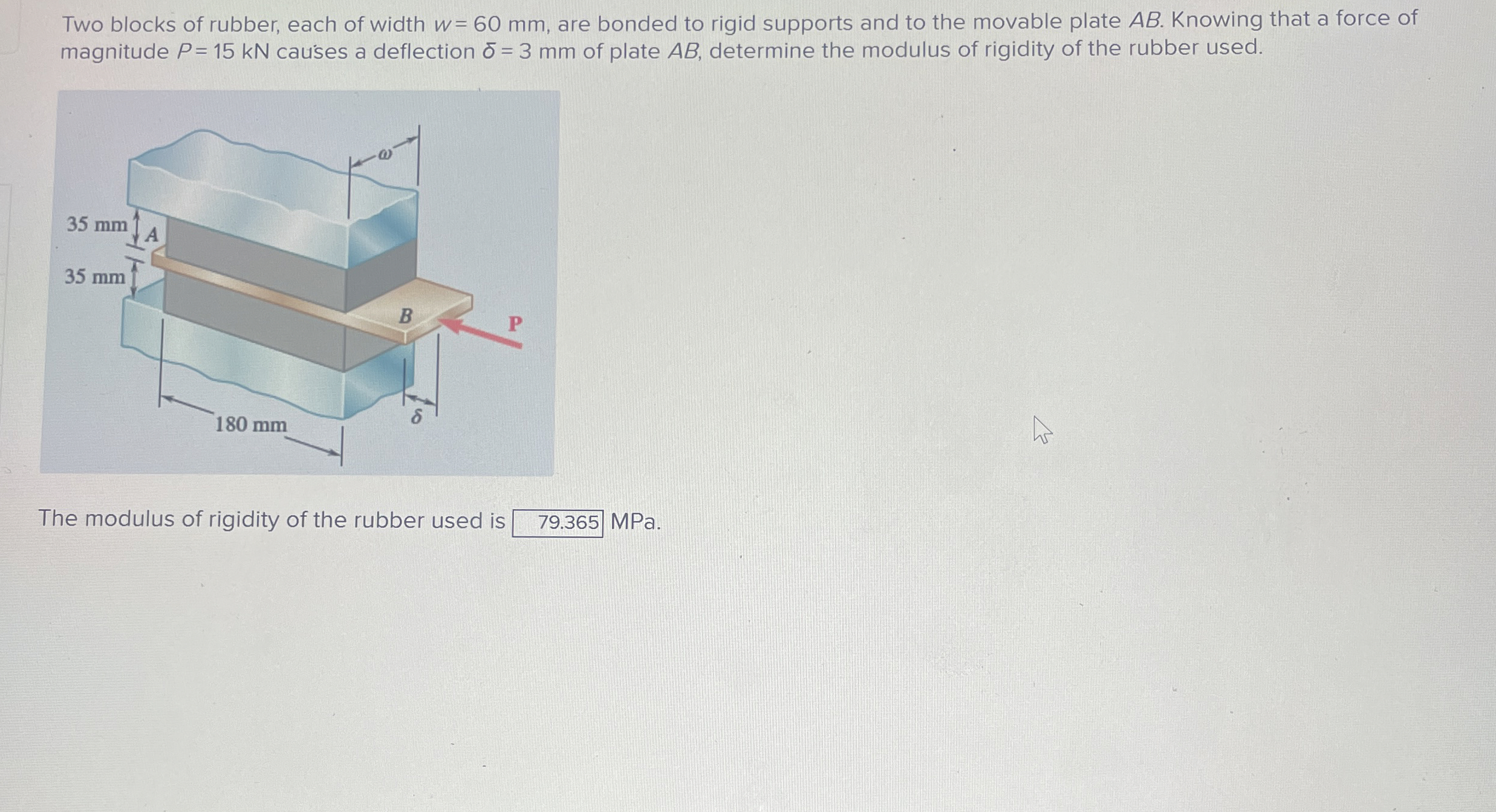 Two blocks of rubber, each of width w = 6 0 m m ,