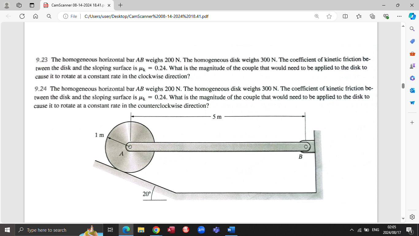 9 . 2 3 The homogeneous horizontal bar A B weighs
