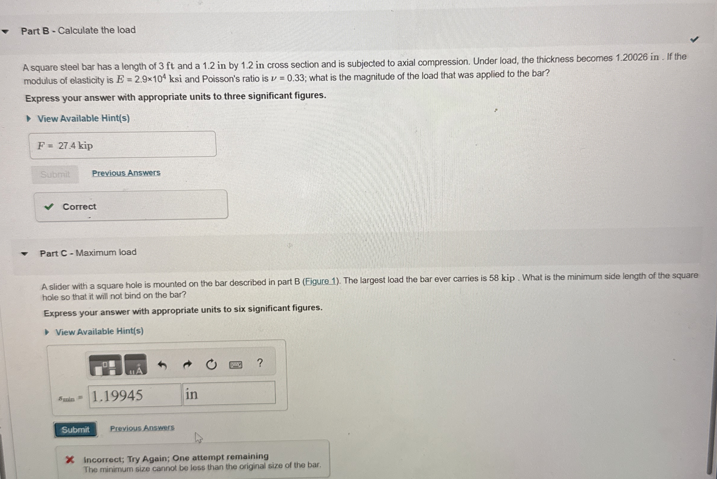 Part B - Calculate the load A square steel bar
