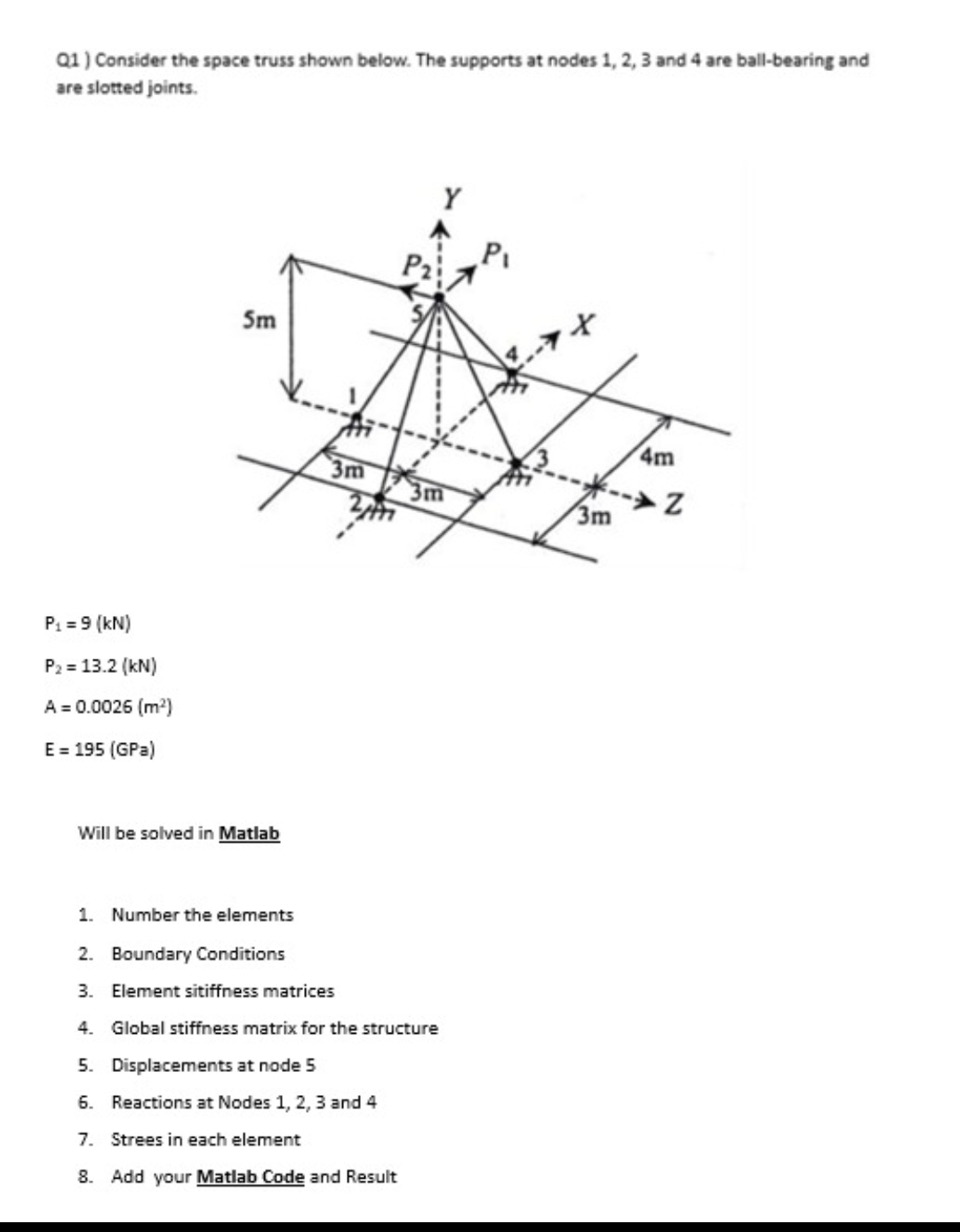 Q 1 ) Consider the space truss shown below. The