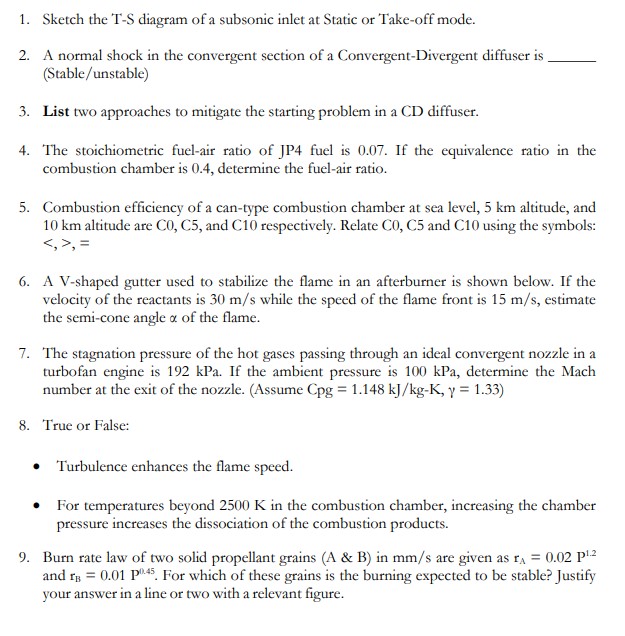 1 ) Sketch the T - S diagram of a subsonic inlet