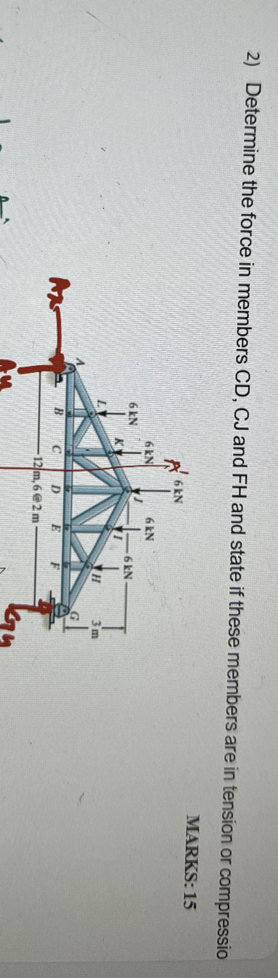 Determine the force in members CD , CJ and FH and