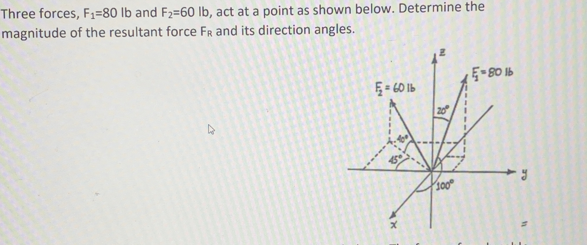 Three forces, F 1 = 8 0 l b and F 2 = 6 0 l b ,